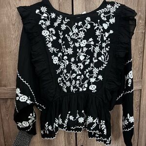 Anthropologie- Bailey 44 Black Blouse with White Embroidery